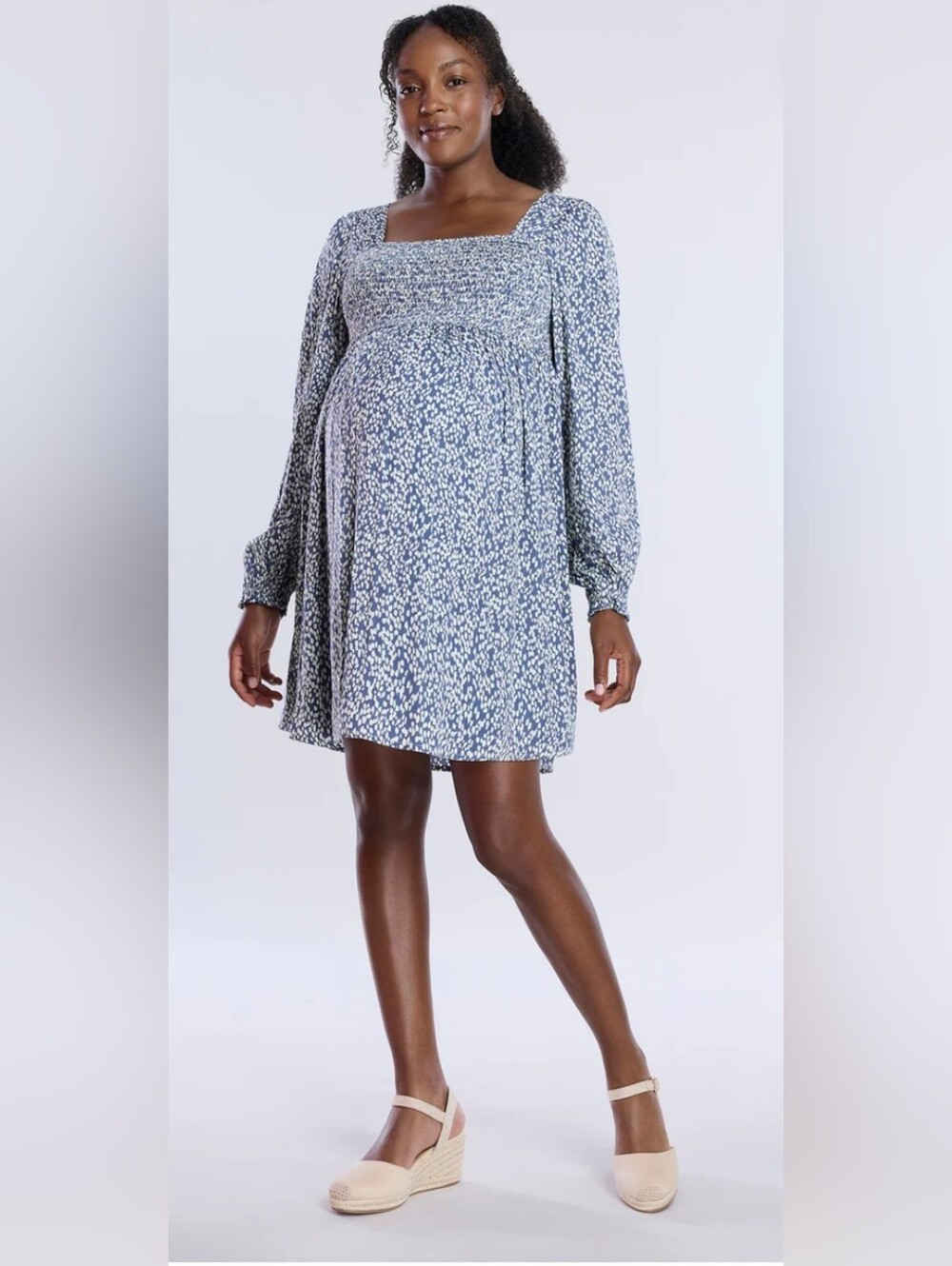 Motherhood XL Blue Speckle Long-Sleeve Maternity Dress